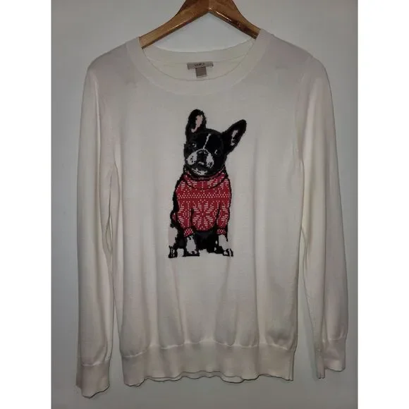 Loft Ann Taylor Knit Sweater L Pug Dog Novelty Ivory Long Sleeve Pullover Casual